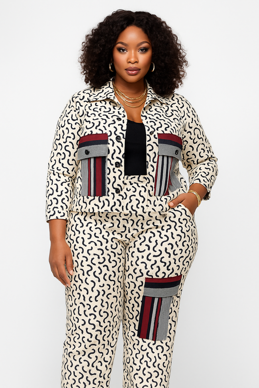 Onyinye Black and White Cargo pants embroidery Aso oke pant set